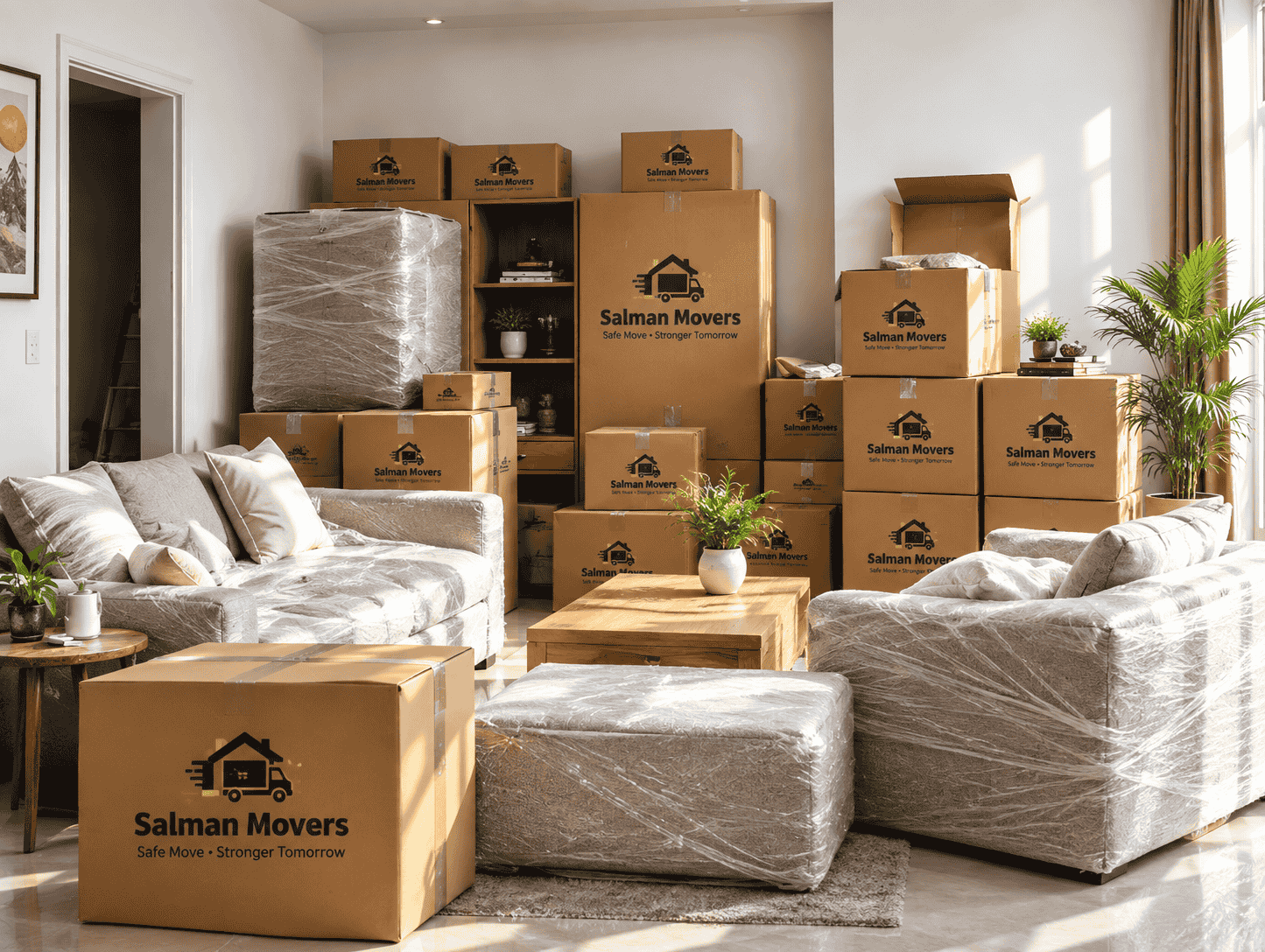Packed boxes and wrapped furniture in a client's living room