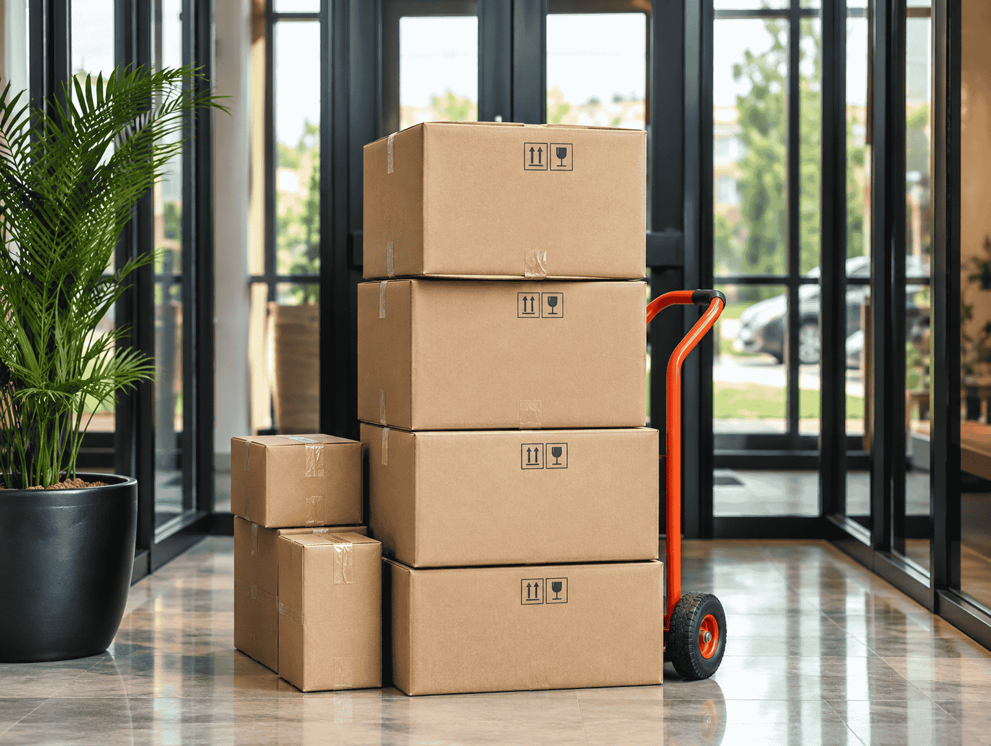 Stacked moving boxes ready at a building entrance