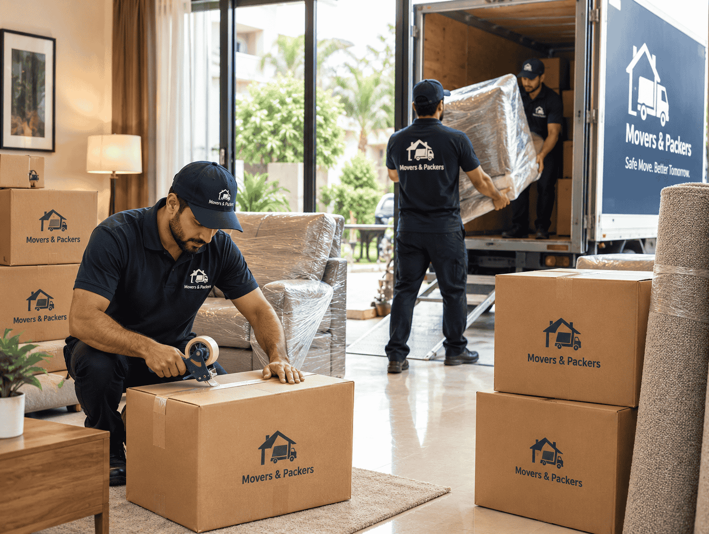 Movers loading wrapped furniture into the truck