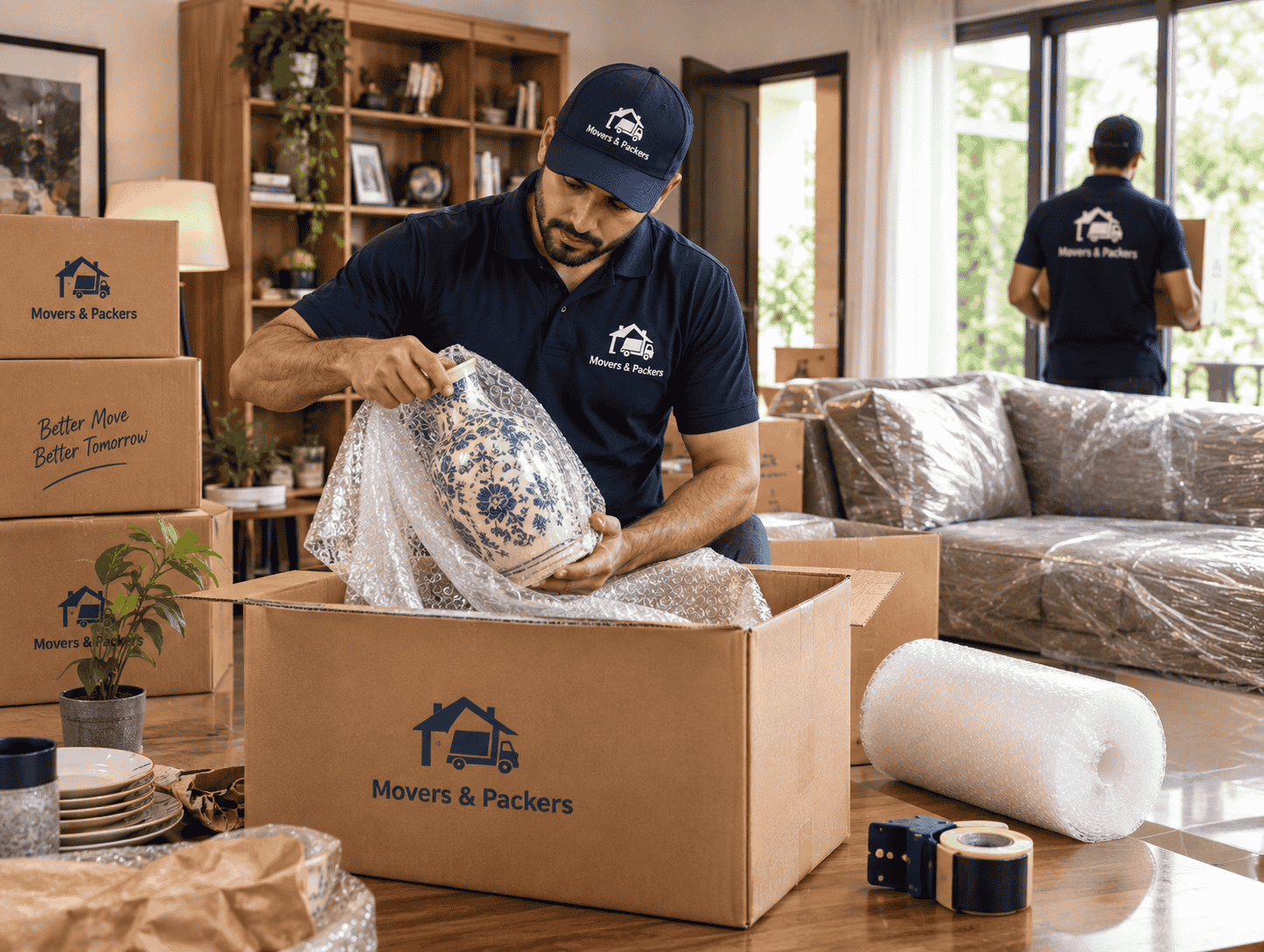 Mover carefully wrapping a fragile item for packing