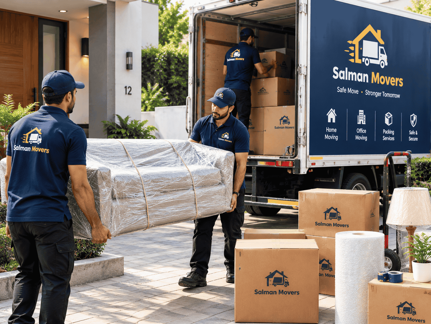 Salman Movers team carrying a wrapped sofa to the truck