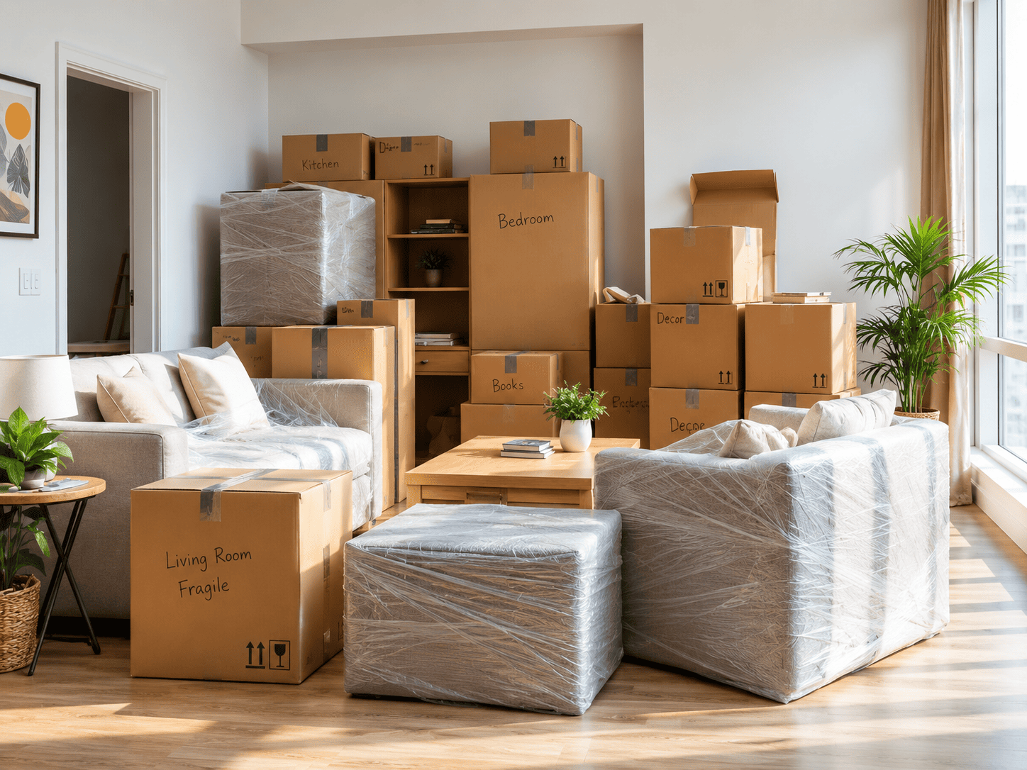 Packed boxes and wrapped furniture ready for home shifting