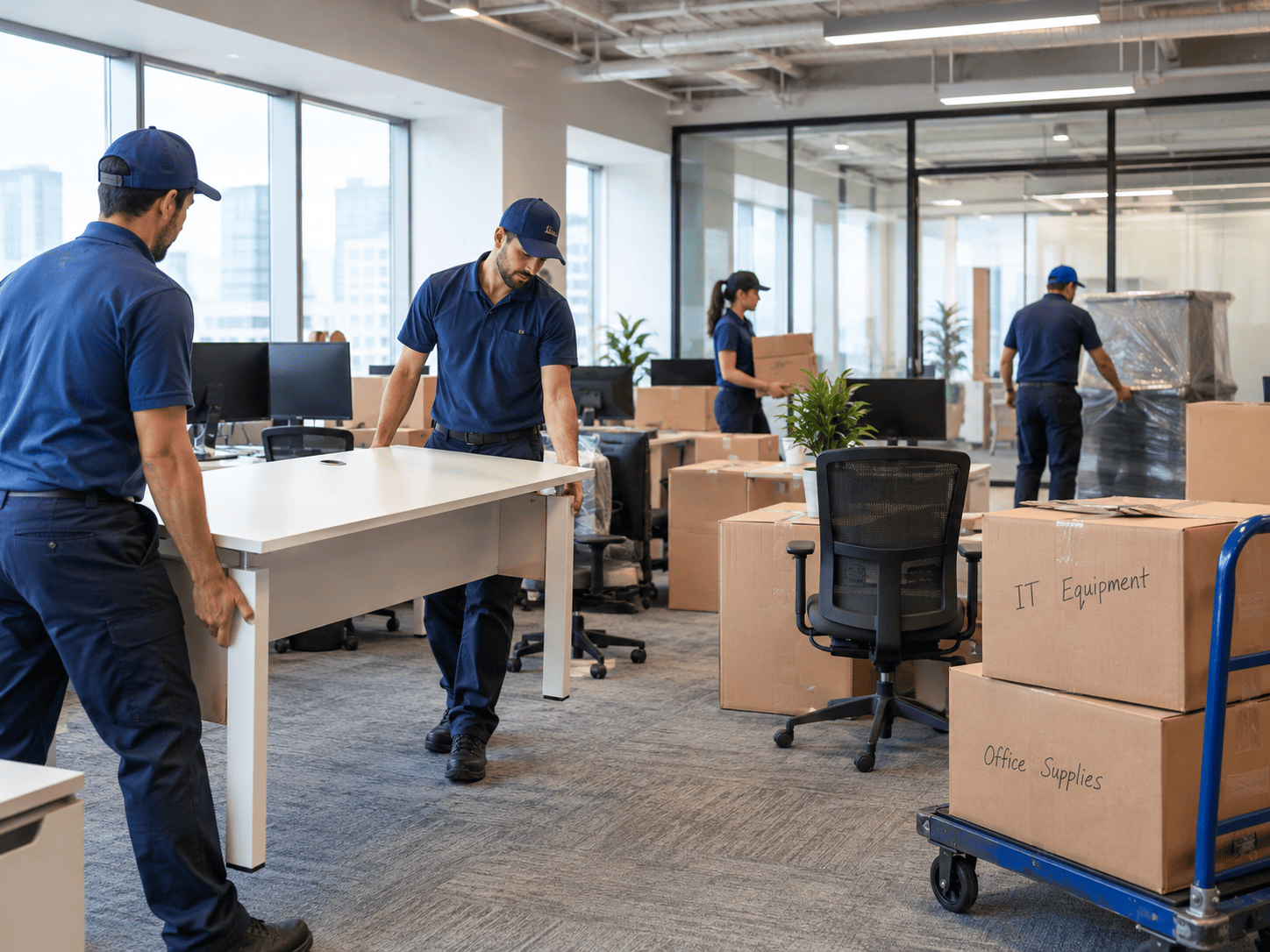Movers loading and unloading furniture and boxes
