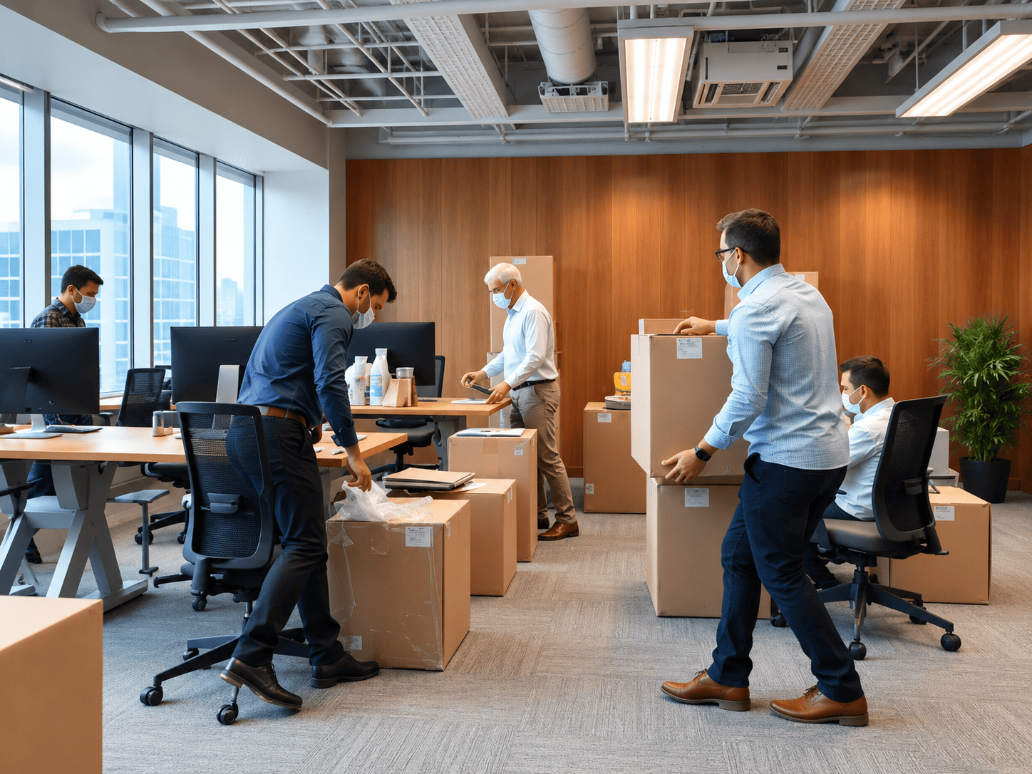 Movers packing desks and IT equipment during an office move